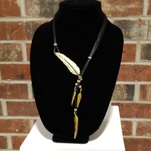 Black Leather Insipired Gold Pendant Necklace